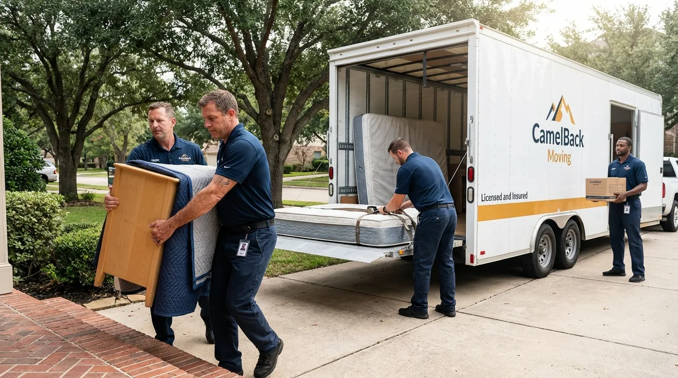 Crew loading residential truck for cross-state move from New Llano, LA