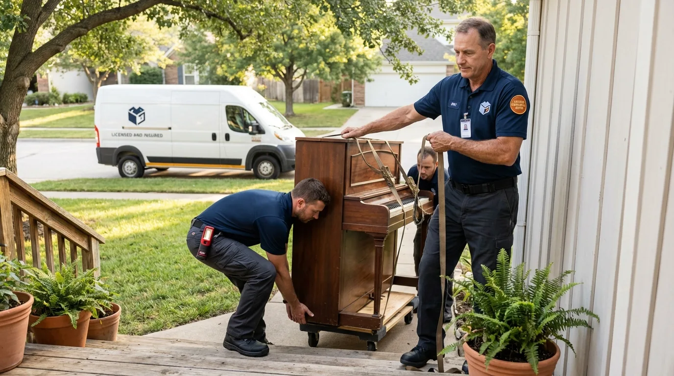 Licensed piano movers securing grand piano in New Llano, LA