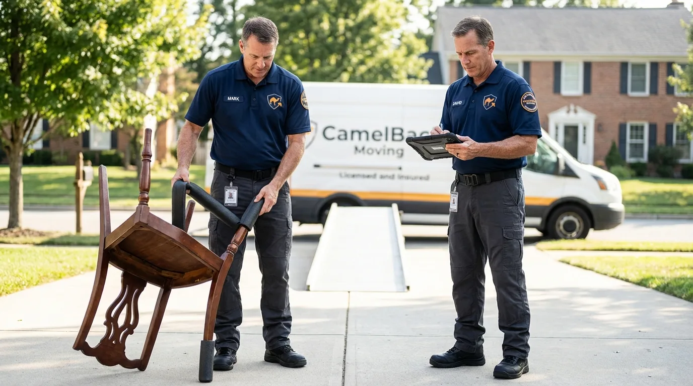 Movers inspecting furniture for damage prevention before loading in New Llano, LA