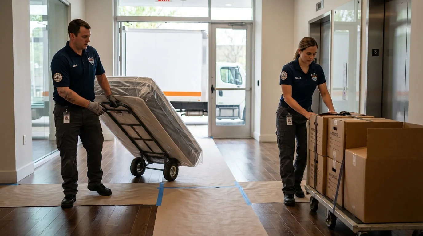 Professional apartment movers loading elevator in New Llano, LA