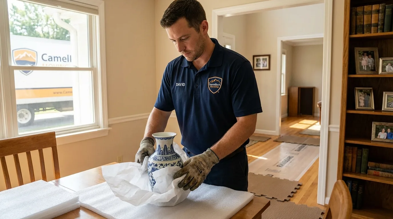 Professional crew carefully wrapping antique vase for senior downsizing move in New Llano, LA