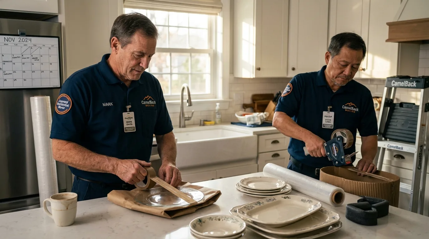 Professional crew packing kitchen dishware in New Llano, LA